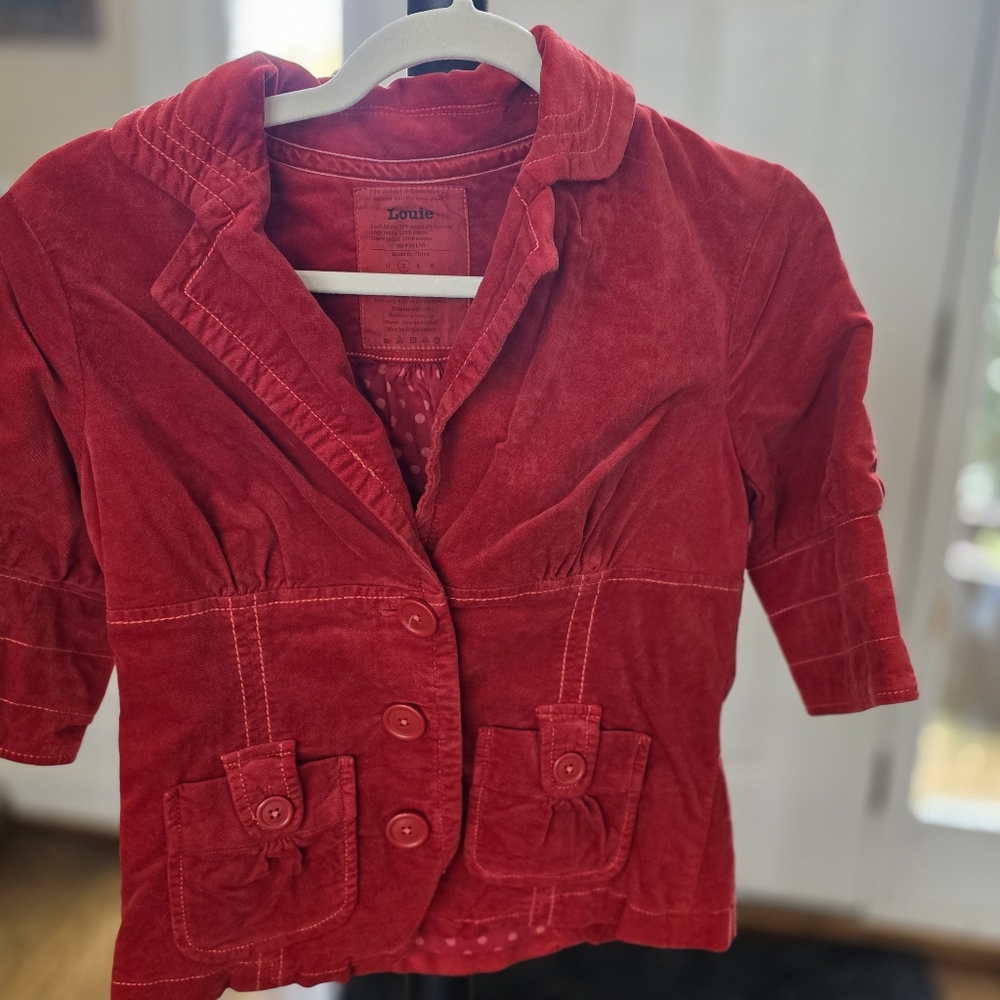 Anthropology  Louie, Vintgage, Cropped Red Velvet Short Blazer Jacket. 2